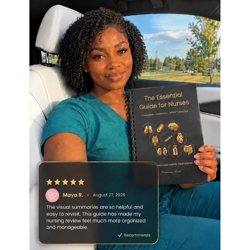 Maya R. holding The Essential Guide for Nurses in her car, five-star review saying it made her nursing review more organized